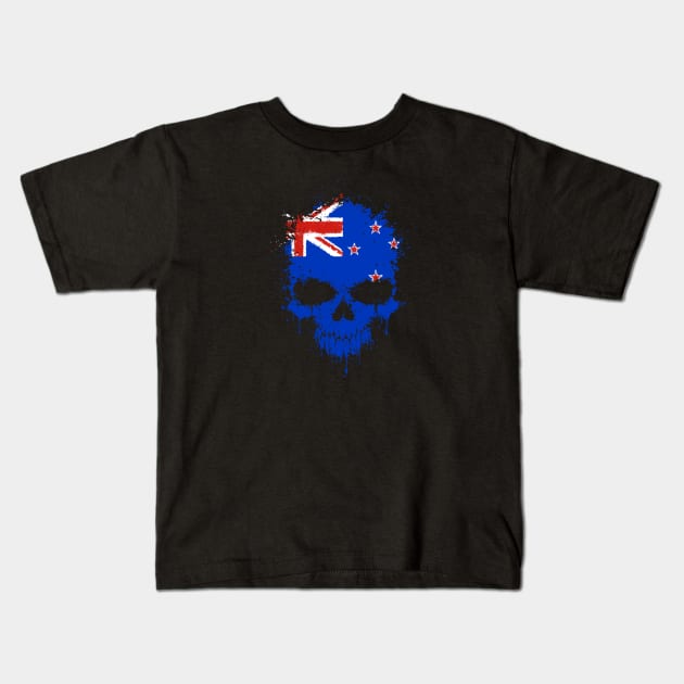 Chaotic New Zealand Flag Splatter Skull Kids T-Shirt by jeffbartels